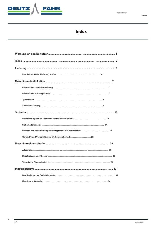 Deutz-Fahr KM 3.16 Drum Mower Operator's Manual PDF Download
