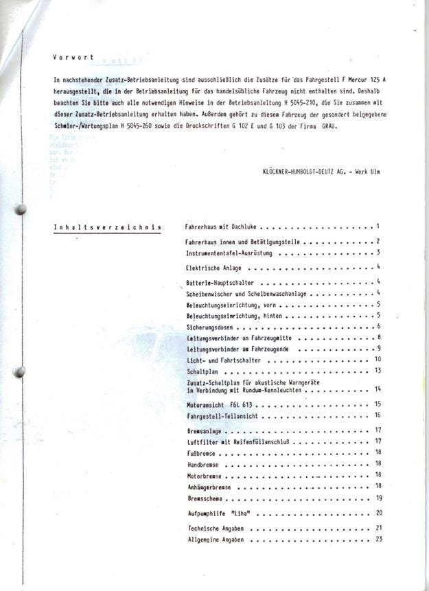 Magirus-Deutz F Mercur 125 A Chassis Supplementary Operating Manual (1962) PDF Download