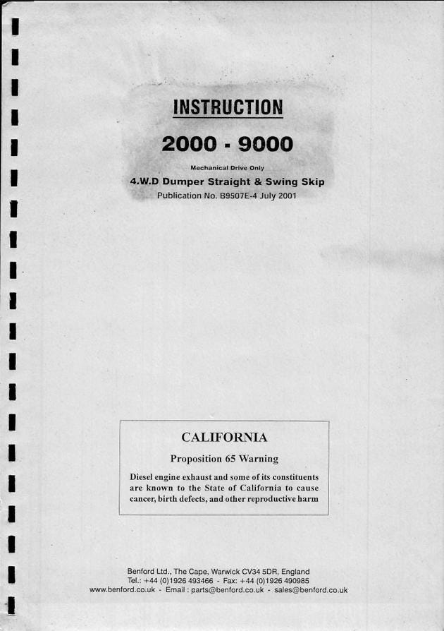 Terex Benford 2000 3000 4000 5000 6000 7000 9000 Site Dumper Instruction Manual (Mechanical Drive 4WD 2001) Pdf Download