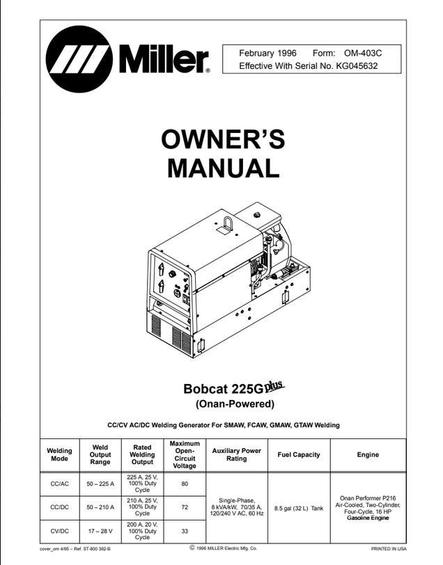Miller Bobcat 225G Plus Welding Generator Owners Manual (1996) PDF Download