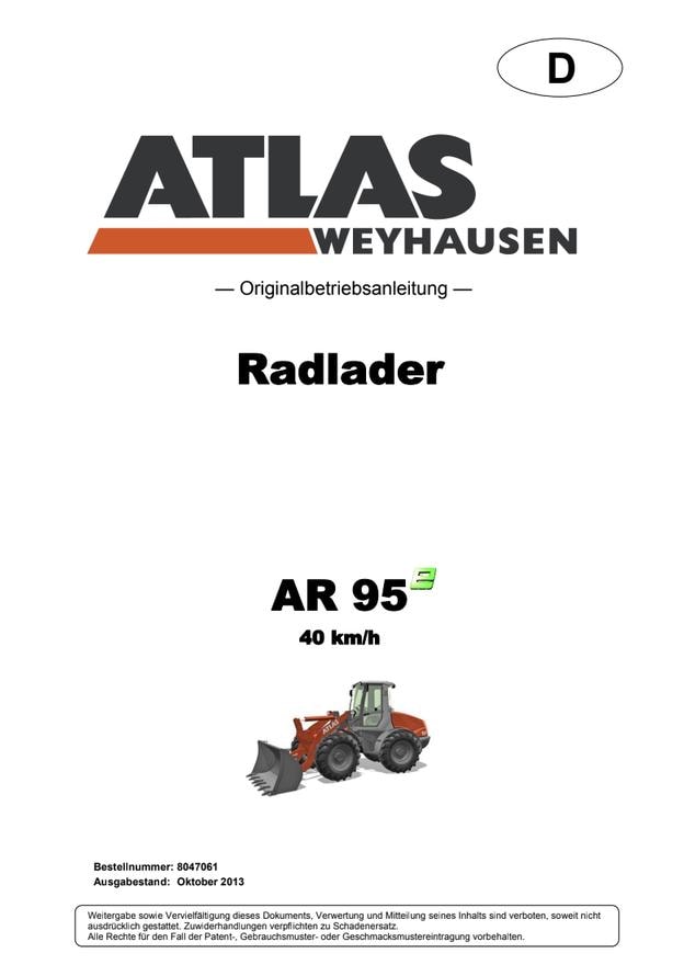 Atlas Weyhausen AR 95E Wheel Loader Operator's Manual (2013) PDF Download