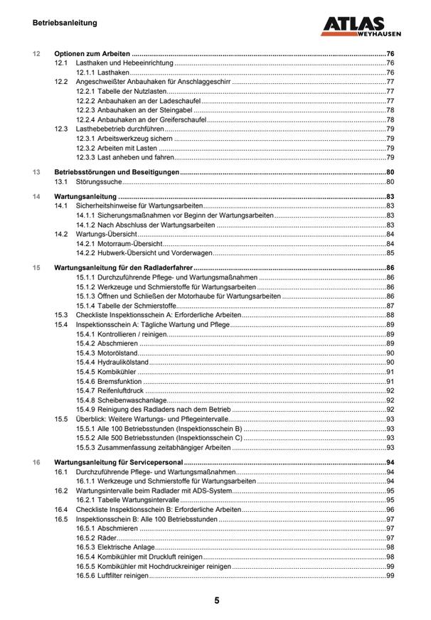 Atlas Weyhausen AR 95E Wheel Loader Operator's Manual (2013) PDF Download